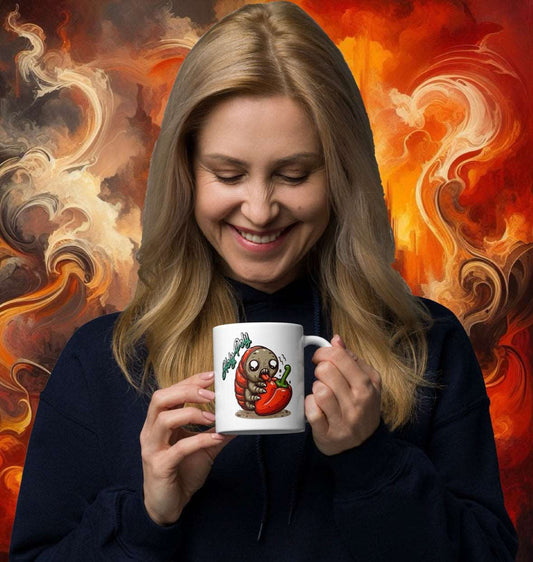 Holy-Poly Isopods exclusive - brings the heat hot pepper rolly polly pillbug chile ceramic white mug hot coffee tea roly poly bugs funny for sale