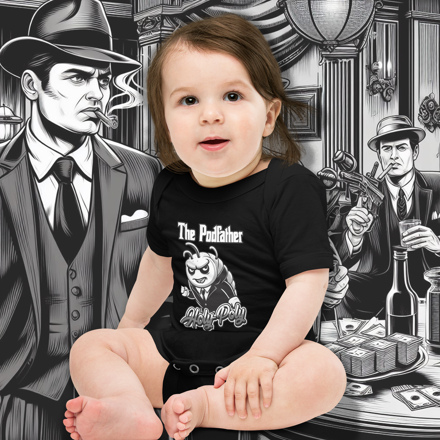 Holy-Poly Isopods exclusive "The Podfather" gangster mobster b&w black white funny baby onesie boss for sale godfather