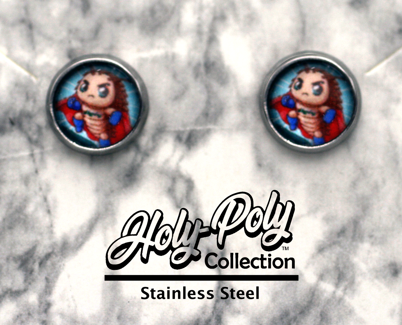 SuperPods Isopod Stainless Stud Earrings (cute super hero cartoon rollie pollie roly poly pillbug bug)