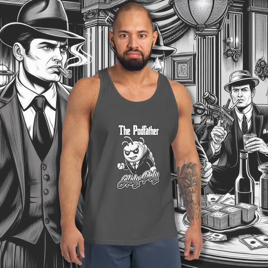 Holy-Poly Isopods exclusive "The Podfather" gangster mobster b&w black white funny men’s tank top grey boss for sale