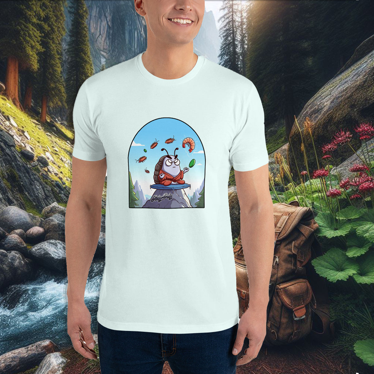 The Angry Monk meditating isopod t-shirt, light blue
