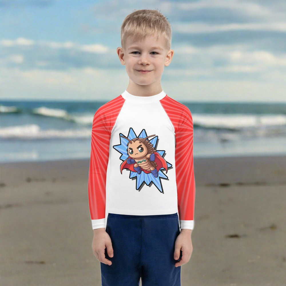 SuperPods superhero isopod kids rash guard, red