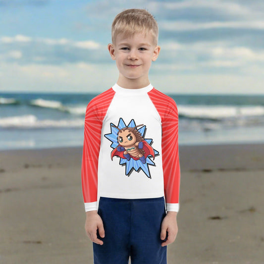 SuperPods superhero isopod kids rash guard, red