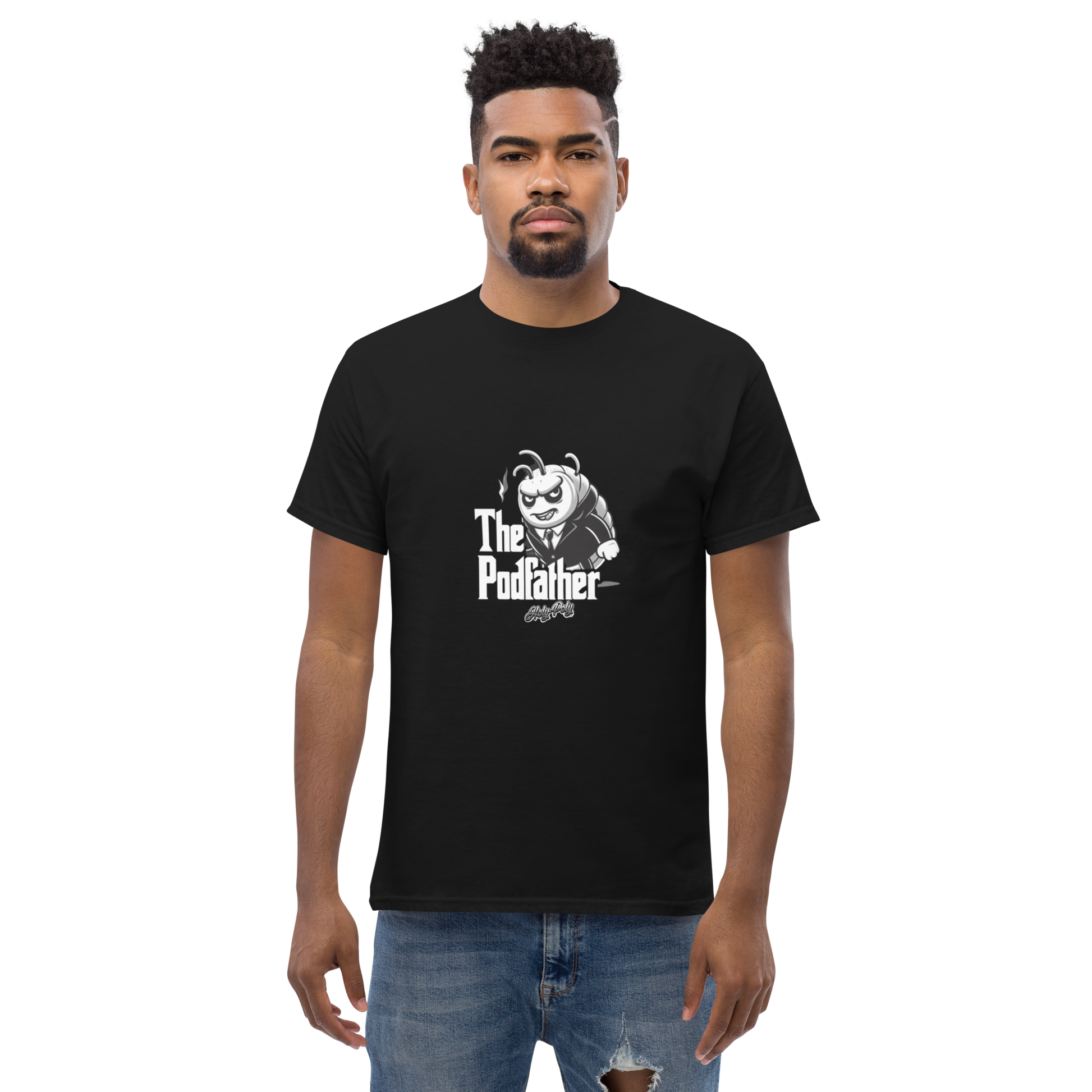 Holy-Poly Isopods exclusive men’s tee t-shirt "The Podfather" gangster mobster boss godfather b&w black white funny